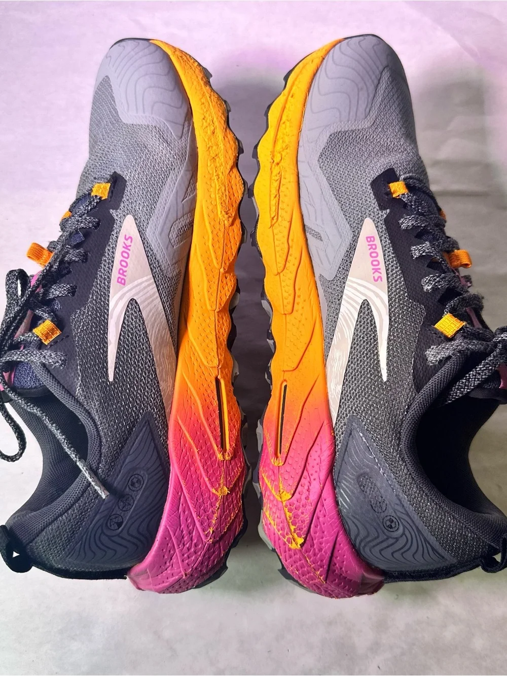 Brooks Grey Trail Runners with Orange & Pink Gradient Midsole